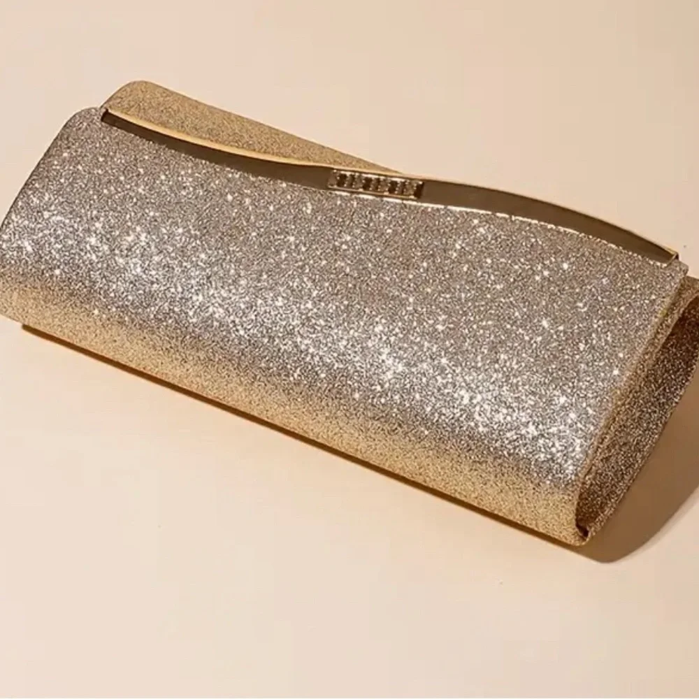 Golden Glitter Evening Clutch Bag, Elegant Small Crossbody with Chain Strap